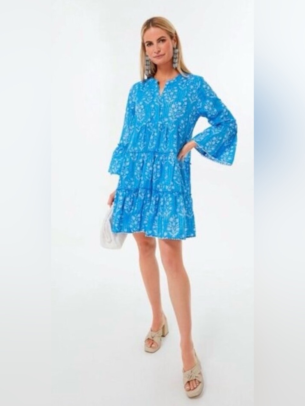 Juliet Dunn NEW Sapphire Small Flower Lurex Flared Sleeve Mini Dress Size M